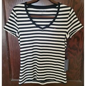 Tommy Hilfiger V-Neck Striped T Shirt Navy Black White Women's Size Medium